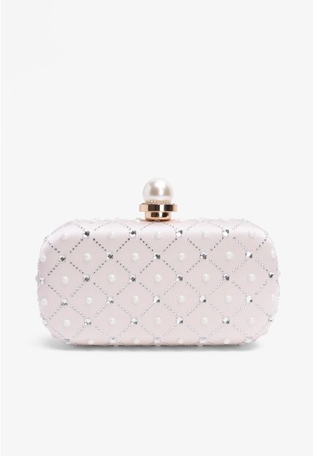 Crystal and Faux Pearls Embellished Clutch