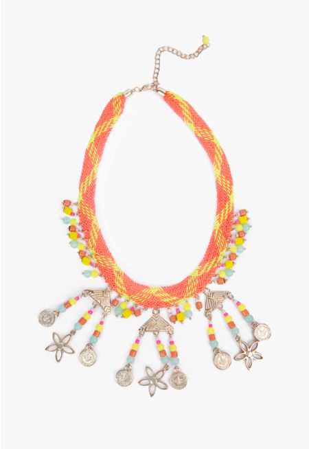 Neon Woven Floral Medals Necklaces