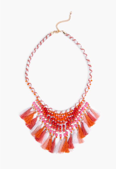 Coral Thread Tassels Necklace