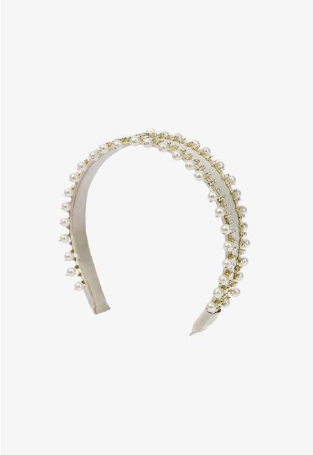 Classic Faux Pearls & Crystal Embellished Double Strand Headband