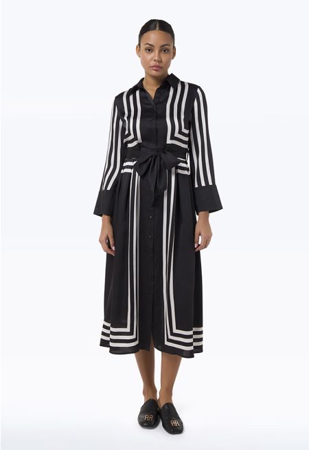 Contrast Lines Collared A Line Cut Maxi Shirt Dress