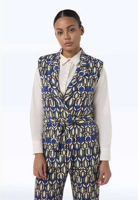 All Over Printed Sleeveless Notch Lapel Collared Gilet -Sale