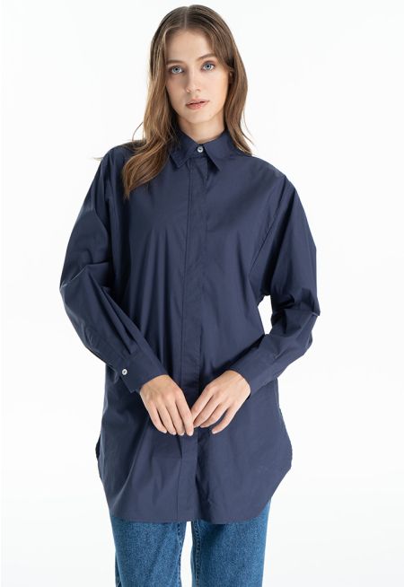 Classic Long Solid Button Up Shirt  -Sale