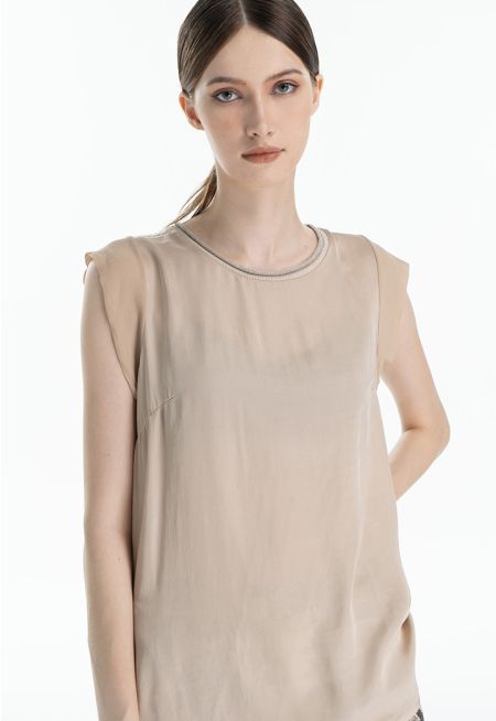 Shimmery Collar Solid Sleeveless T-Shirt
