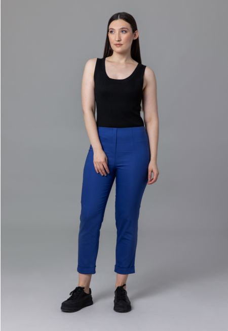 Elasticated Waist High Rise Folded Hem Solid Trousers