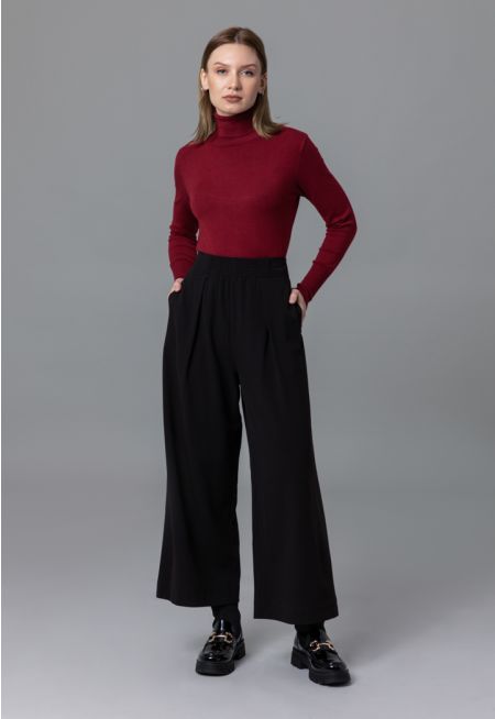 Wide Leg Cut Solid Elasticated Waist Trousers