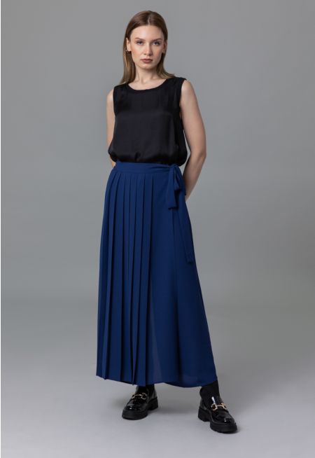 Pleated High Rise Waist Belt Culottes Trousers