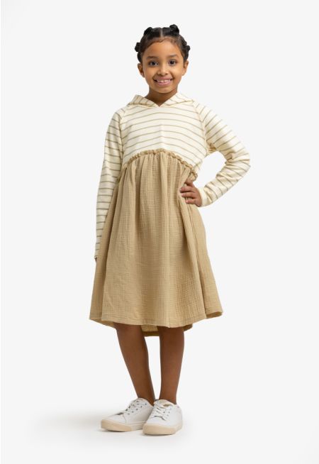 Lined Contrast Hem Hooded Sweatshirt Winter Dress -Sale