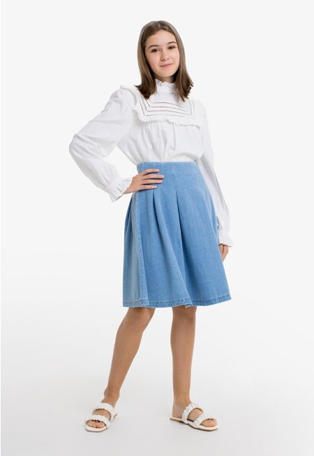 Solid Flowy Denim Skirt