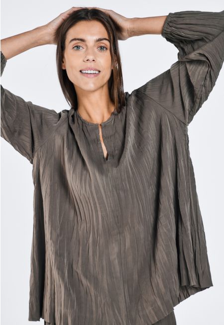 Crinkled Solid V-Neck Blouse