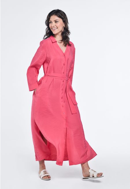 Crinkled Belted Solid Shirt Dress