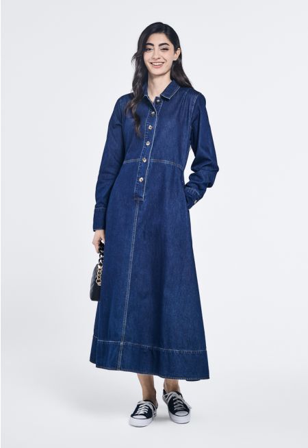 Denim Flared Maxi Dress