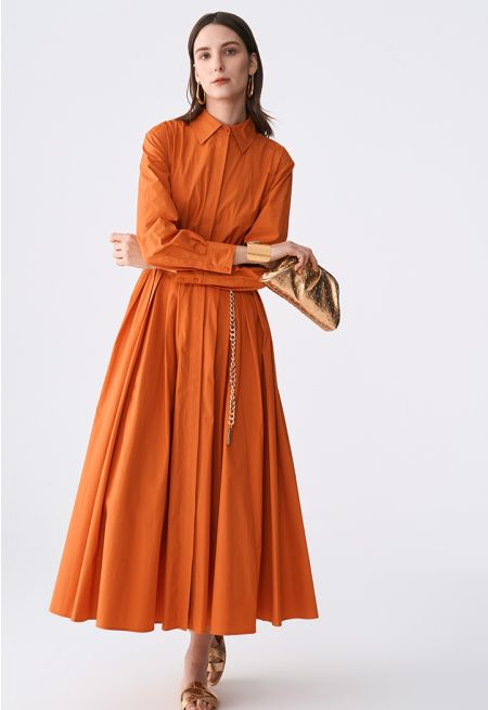 Pleated Flared Maxi Shirt Dress