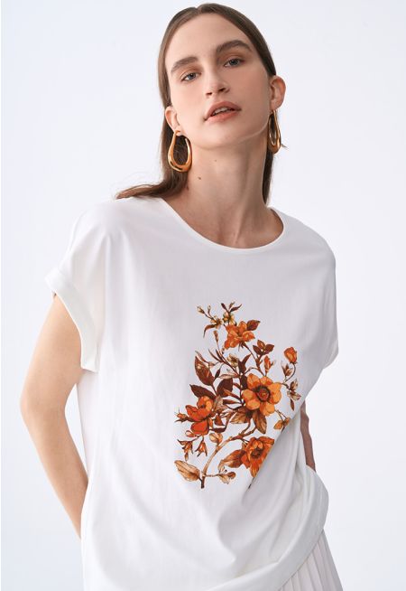 Floral Motif Cap Sleeve T-Shirt