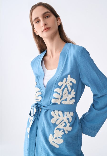 Chenille Embroidered Belted Kimono