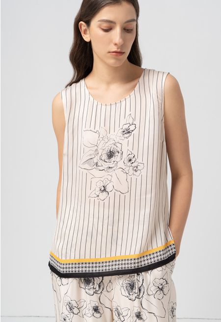 Sleeveless Printed Striped T-Shirt