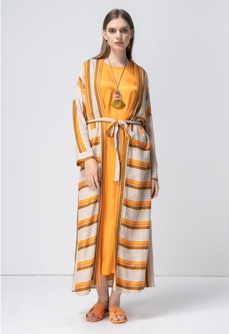 Striped Drop Shoulder Belted Abaya