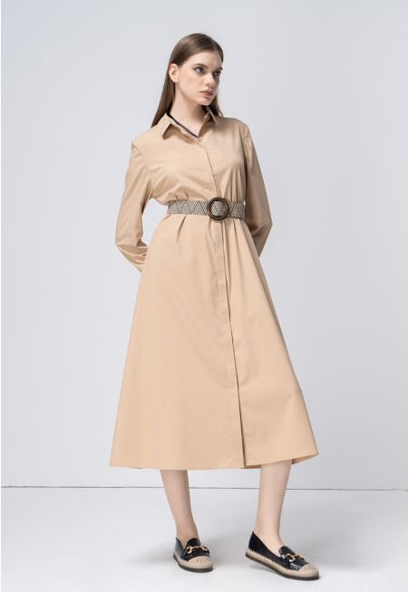 Belted Solid Long Sleeves Shirt Dress