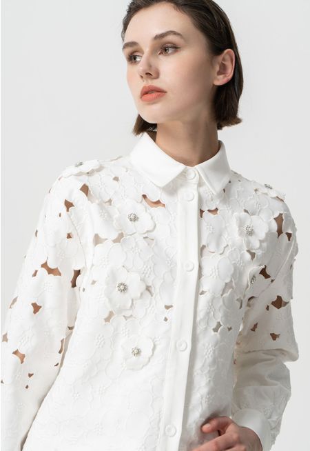 Solid Long Sleeves Embellished Rhinestone Shirt