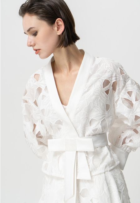 Single Tone Organza Belted Blouse (2PCS)