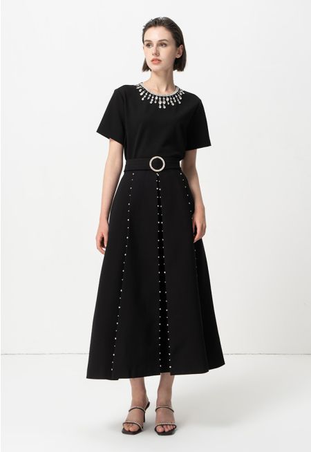 Crystal Embellished Maxi Skirt With Belt