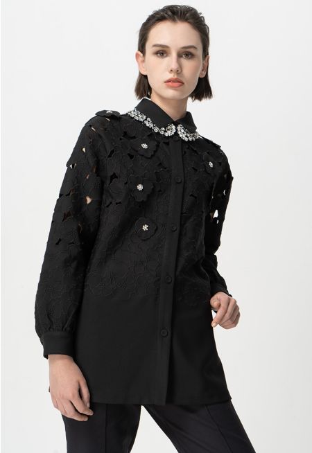 Solid Long Sleeves Embellished Rhinestone Shirt