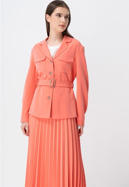 Solid Long Sleeves Belted Jacket