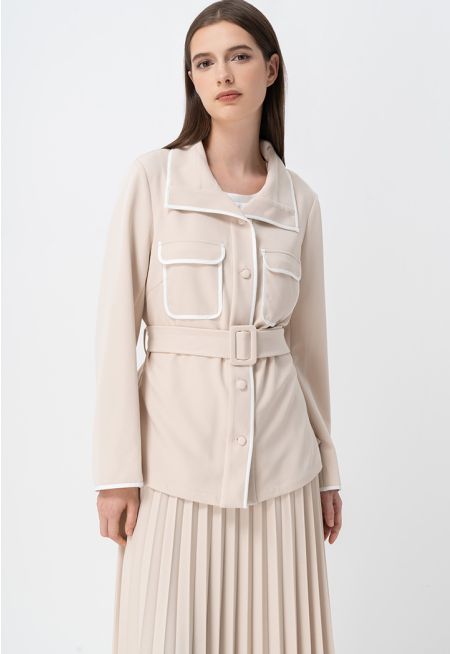 Solid Long Sleeves Belted Jacket