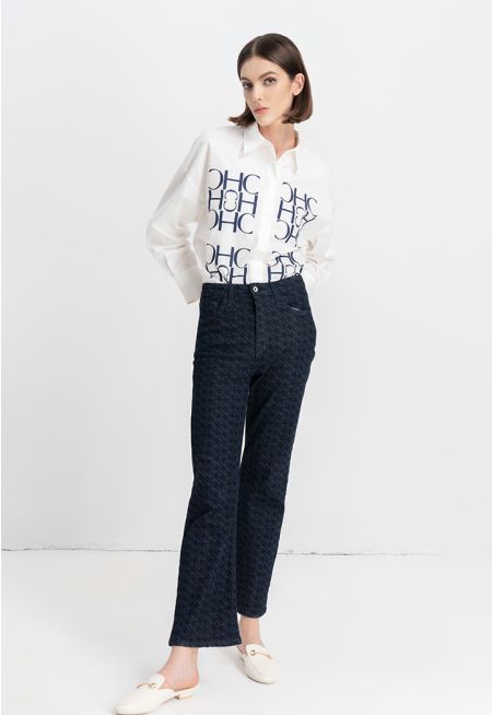 Solid Monogram Straight Legs Denim Trouser