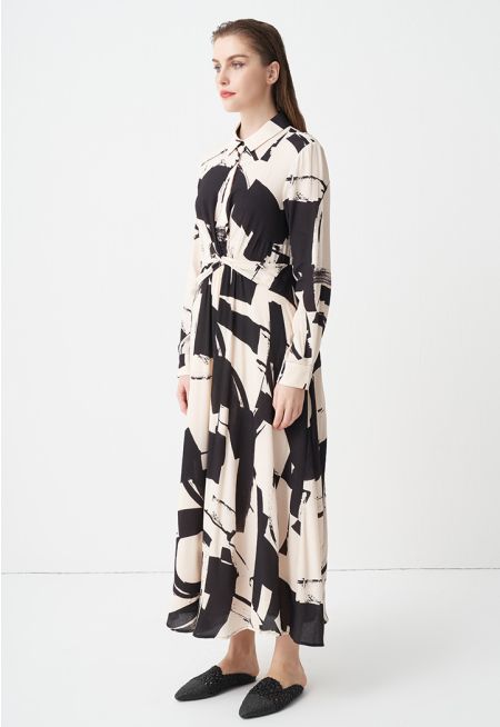 Abstract Print Flared Maxi Dress