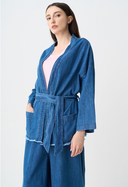 Drop Shoulders Belted Denim Jacket 