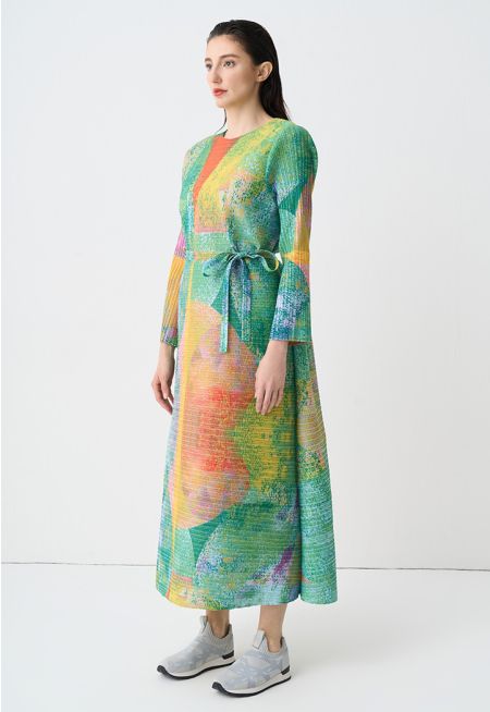 Printed Pleated Belted Oversize Dress