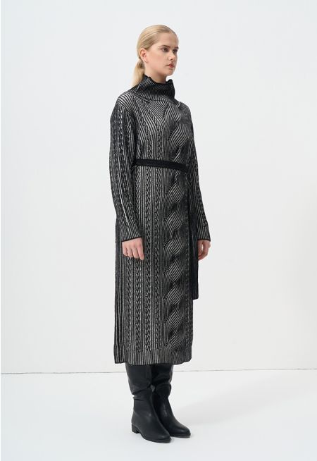 Knitted Contrast Belted Maxi Winter Dress