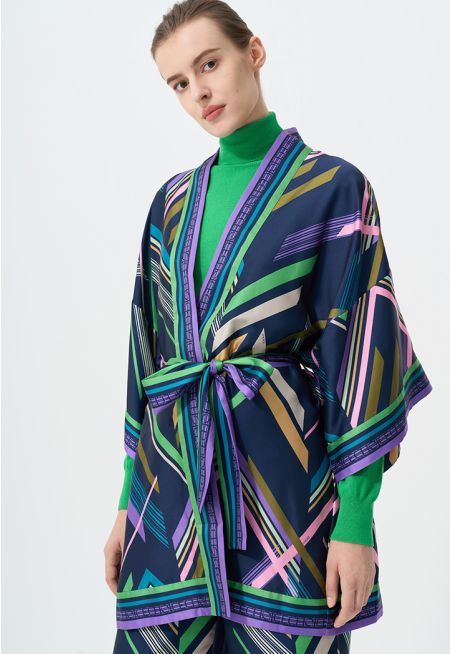 Printed Open Front Belted Kimono