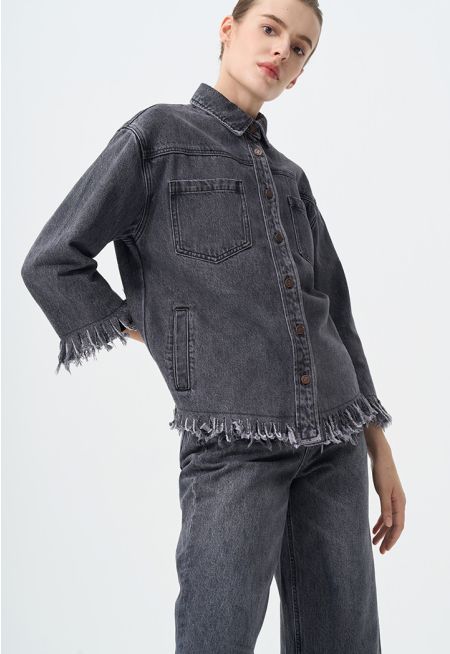 Solid Long Sleeves Fringe Denim Jacket 