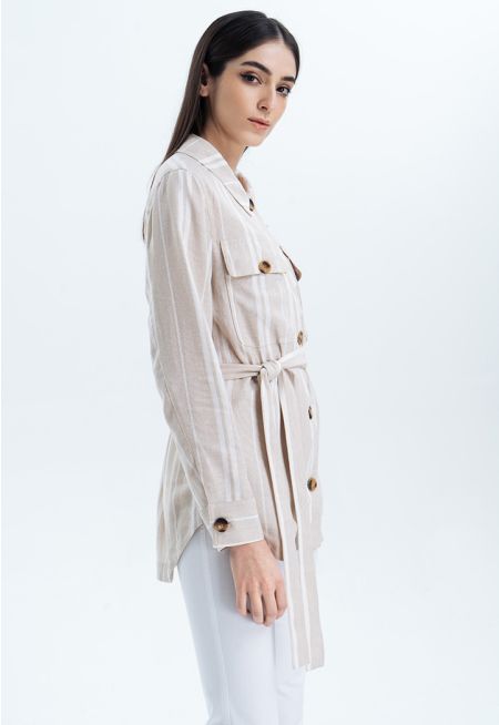 Long Striped Shirt With Belt -Sale