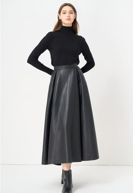 Inverted Pleat Faux Leather Flared Skirt