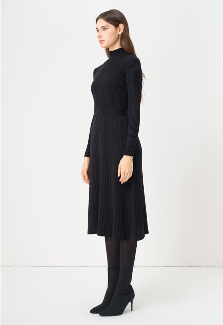 Knitted Ribbed Belted Flared Dress