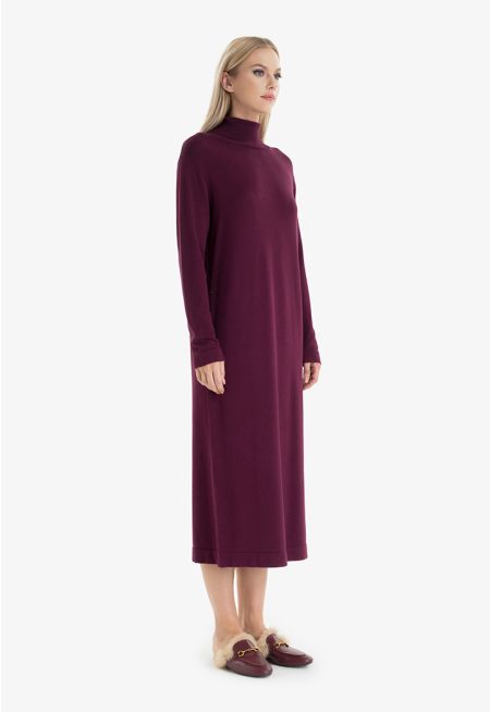 High Neck Long Sleeves Knitted Basic Maxi Dress -Sale