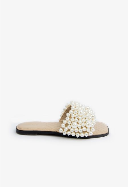 Faux Pearls Wide Strap Flats
