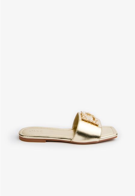 Faux Pearls Embellished Shimmery Slides