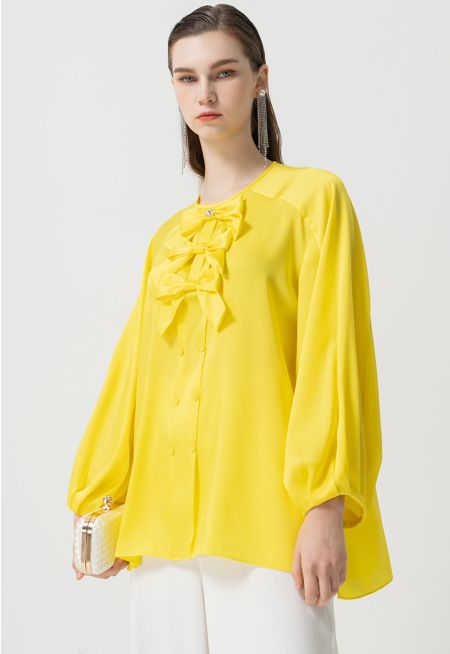 Round Neck Embellished Crystal Ribbon Blouse