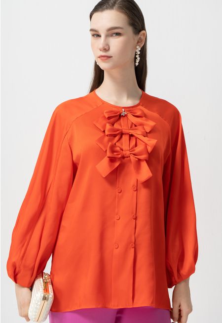 Round Neck Embellished Crystal Ribbon Blouse
