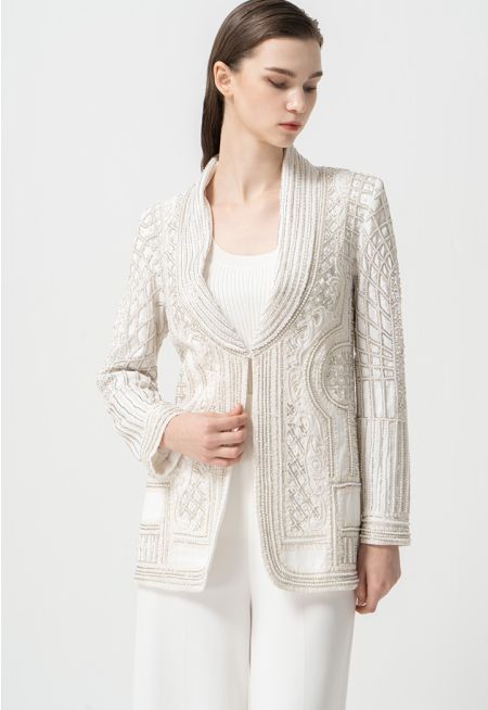 Embellished Faux Pearl Long Sleeves Blazer