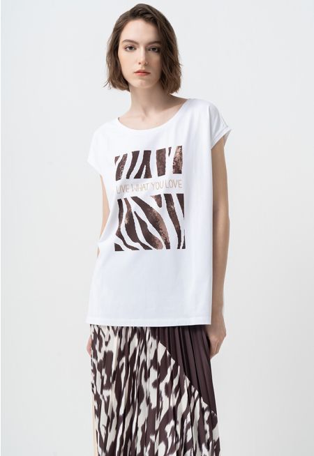 Printed Motif Cap Sleeves T-shirt
