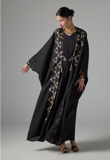 Solid Maxi Abaya With Embroidered Geometric - Ramadan Style
