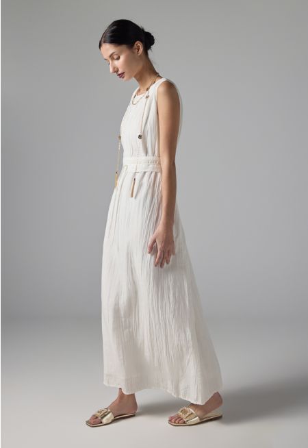 Sleeveless Pleated Basic Belted Dress 