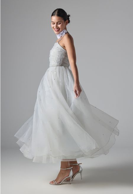 Multi-Layered Crystal Embellished Organza Dress