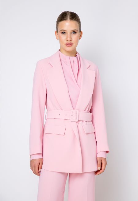 Notched Collar Belted Solid Blazer