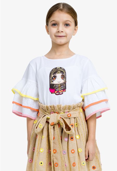 Schiffli Layered Sleeves Printed T-Shirt